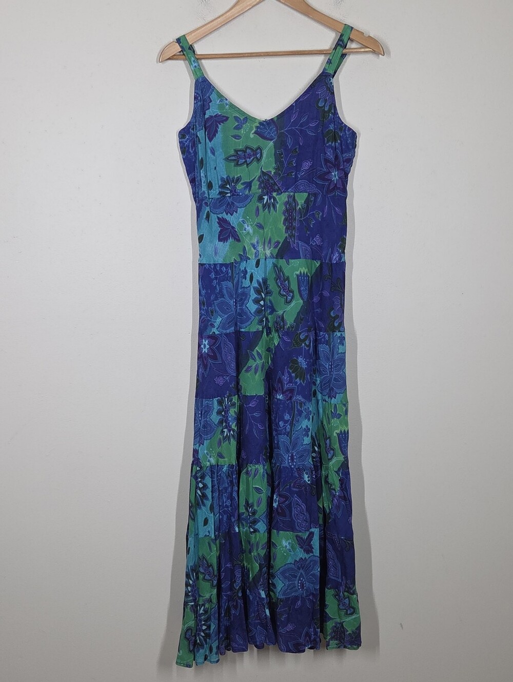Vtg 90s Keren Hart Patchwork Floral Tiered Midi Dress Boho Festival Hippie M